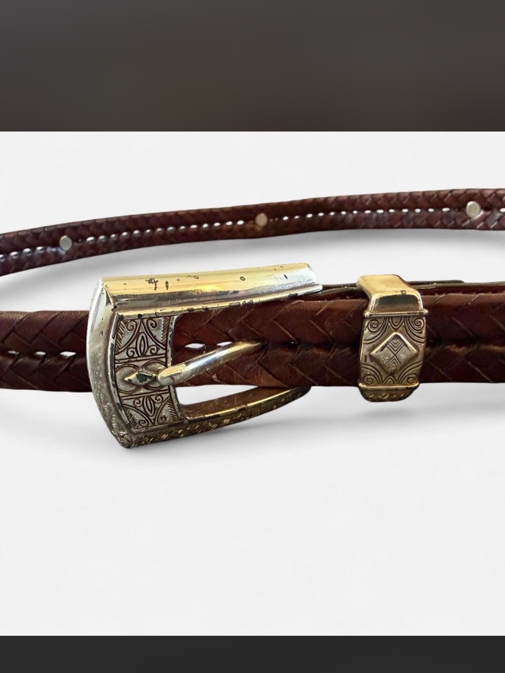 Brighton Braided Leather Men's Belt with Decorative Silver-Tone Buckle - Brown
